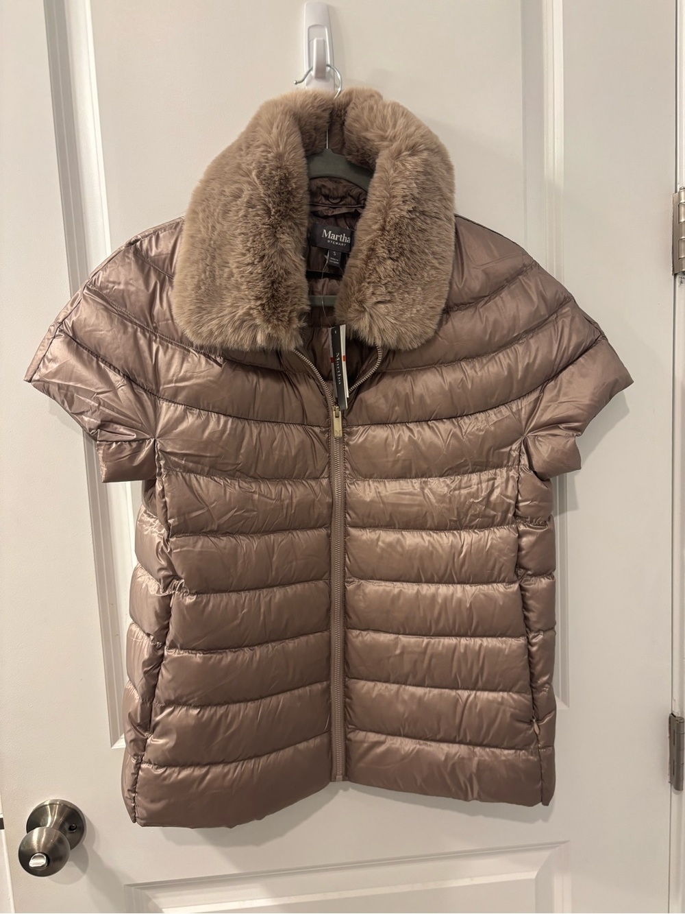 Martha Stewart Francesca Cap-Sleeve Down Puffer Vest in taupe, Small